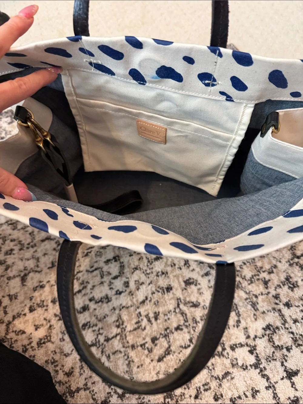 Clare V. Canvas Spot Tote with Navy Spots and Black Handles
